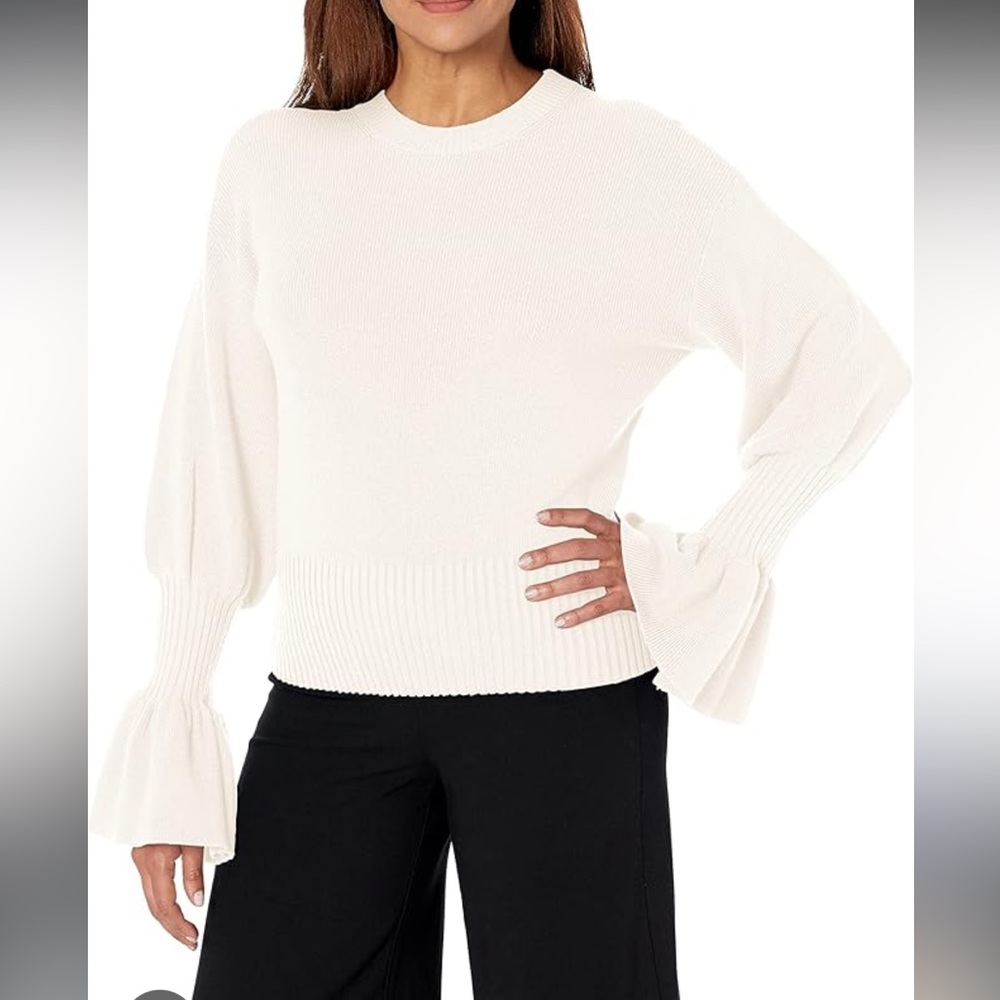 Anthropologie MOTH Ribbed Ivory Cropped Sweater with Peplum Sleeves Small